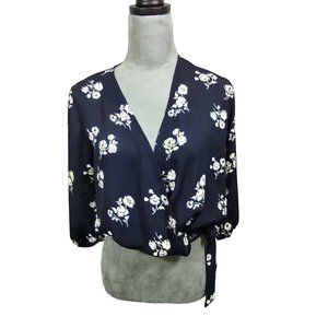 Y2K Elizabeth Ryan Top Blue Floral Wrap Crop Blouse V-Neck Tie 3/4 Sleeve Small